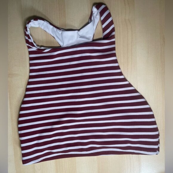 Aerie Large Swimsuit 2 Piece Bikini Stripe White Red Longline Halter Neck Top Pc - Picture 5 of 8